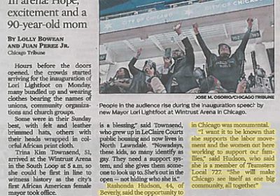 Local 727 Member Rashonda Hudson’s Positivity at Lightfoot Inauguration Shines on Tribune Cover, Secretary-Treasurer Coli Congratulates Mayor Lightfoot