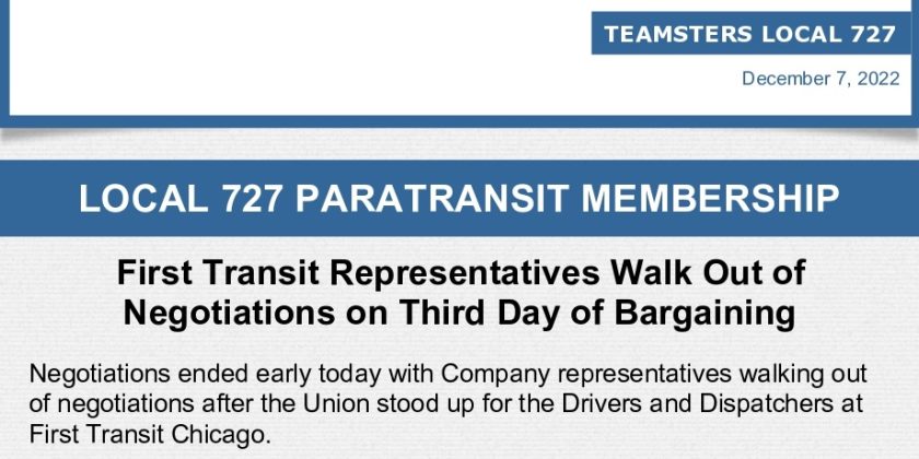 First Transit Representatives Walk Out of Negotiations on Third Day of Bargaining
