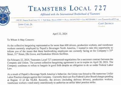 Union Informs Pepsi Executives of  Company’s Unlawful Actions
