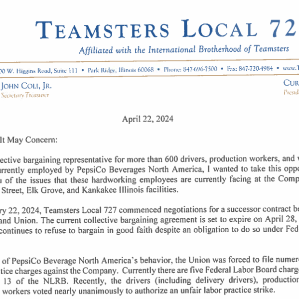 Union Informs Pepsi Executives of  Company’s Unlawful Actions