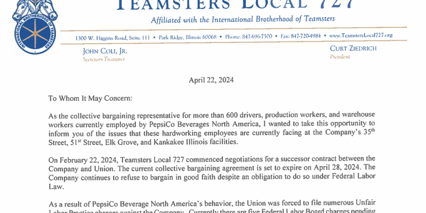 Union Informs Pepsi Executives of  Company’s Unlawful Actions